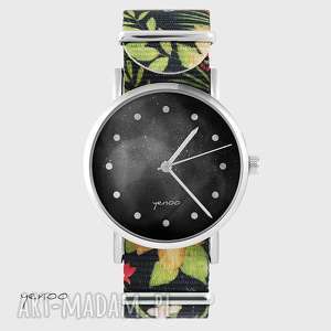 zegarek - czarny kwiaty, nato, bransoletka kosmos, tropikalny, upominek