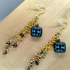 kolczyki koralikowe brązowo - niebieskie z koralikiem kafelkiem