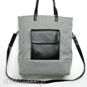 handmade pomysł na świąteczny upominek shopper bag - tkanina szara i skóra