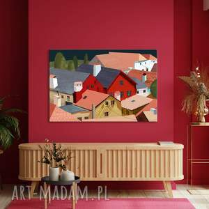 NOWdeco - Nowoczesny obraz drukowany na płótnie między dachami 120x80 cm z domkami, miasto, kolorowa grafika