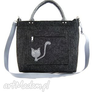 handmade torebki grey cat on pocket/strap