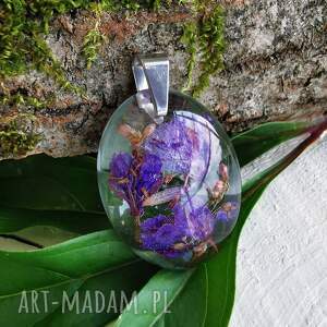 handmade wisiorki owalny wisiorek z fioletowymi kwiatami z1167