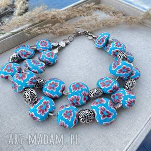 błękitny naszyjnik z korali fimo c1287e kwiaty lato