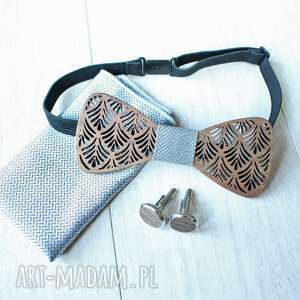 handmade muchy i muszki zestaw drewniana muszka poszetka spinki leaf srebrna