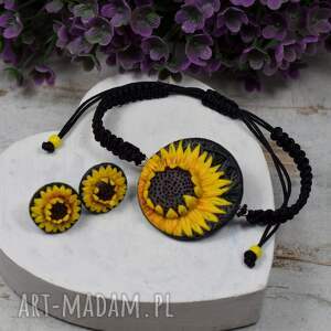 słoneczniki - komplet bransoletka kolczyki sztyfty, biżuteria kwiaty, kolorowa