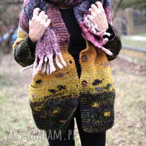 ręcznie zrobione swetry kardigan wrzosowo żółty