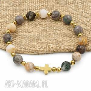 Prezent Bransoletka różaniec na rękę agat bambusowy rękodzieło