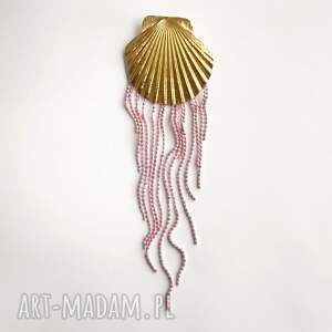 broszka meduza z prawdziwej muszli złota muszla, jasny róż, unikat, kolorowa