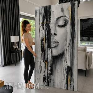 Duży obraz olejny do salonu 100x180 cm - Kobieta XXL z fakturą i złotymi akcentami
