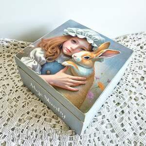 pudełko drewniane - kocham cię króliczku, dziewczynka wielkanoc