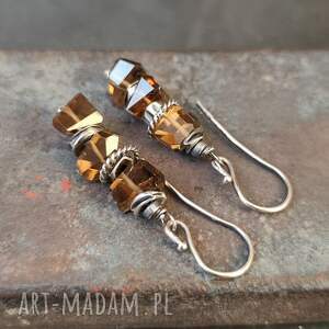 kolczyki z kwarcem miodowym na biglach otwartych, srebro oksydowane, surowa