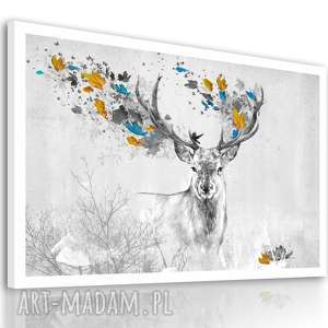 obraz drukowany na płótnie - abstrakcja pejzaż z jeleniem wśród niebiesko żółtych