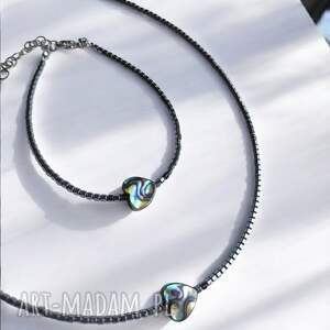 RAZEM TANIEJ! Komplet z serduszkami: muszla PAUA, hematyt grafitowy