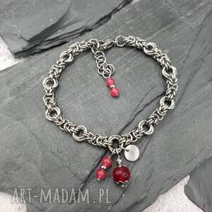 Bransoletka chainmaille z jadeitem bordo, agatem neonowym i hematytem - maxi, regulowana