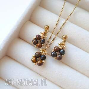 komplet biżuterii tygrysie oko - kolczyki sztyfty i naszyjnik, odwaga pewność