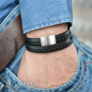 bransoletka skórzana double alligato antracyt czarny rzemień, podwójnie