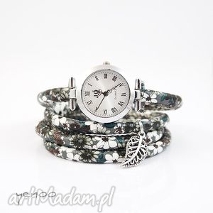 handmade zegarki zegarek, bransoletka - szare kwiaty - owijany