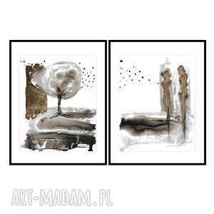 grafika z cyklu obecność - dyptyk malowany i złocony ręcznie o wymiarach 2x