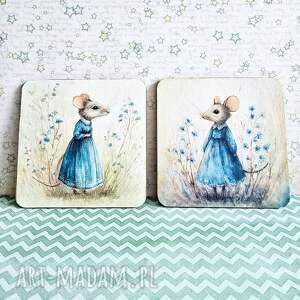 para podkładek - myszki niebieskie, romantyczna, vintage, drewniana