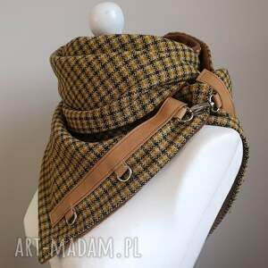 szal wełniany zieleń i brąz - unikatowy ciepły szalik, komin, szalik w kratkę