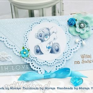 ręcznie wykonane scrapbooking kartki kopertówka z okazji narodzin - blue teddy