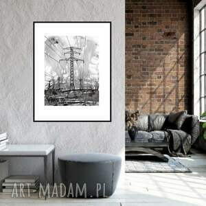 Grafika z cyklu Pejzaż industrialny malowana ręcznie 40cm x 50cm