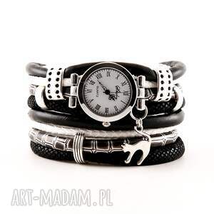 zegarki zegarek - bransoletka, czarno-bialy z kotem, zegarek