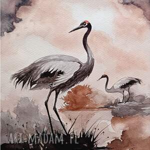 żurawi rytuał, akwarela 23x31 cm, pejzaż, zwierzęta ptaki