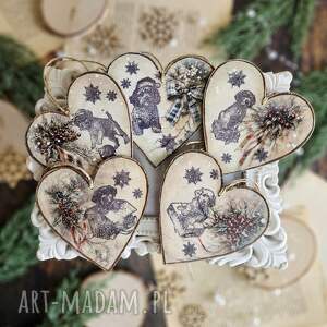 zimowe serduszka z pieskami, decoupage święta, ozdoby choinkowe, vintage