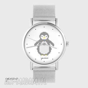ręcznie zrobione zegarki zegarek, bransoletka - pingwin, dziergany - metalowy