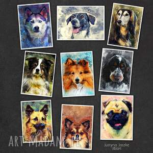 psy w akwareli - zestaw 9 grafik rozmiarze 13x18 cm, pies, pocztówki