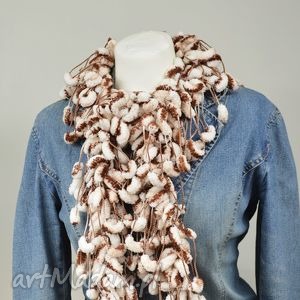 pom - pon scarf brązowo biały, ciepły, melanż zimowy, elegancki