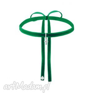 handmade naszyjniki zielony aksamitny choker ze srebrnym krzyżykiem wysadzanym