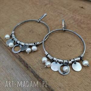 Kolczyki - duże koła z perłami, oksydowane, srebro 925