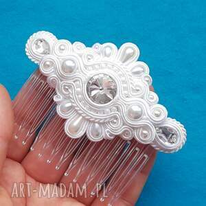 ozdoba do włosów grzebień sutasz śnieżne biały, rivoli, grzebyk, soutache