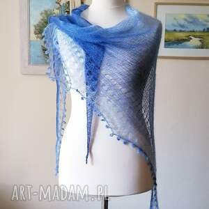 ręcznie na drutach - obłoczek piórkowa, asymetryczna chusta z jedwabiu