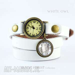 handmade bransoletka, zegarek - biała sowa - biały, skórzany