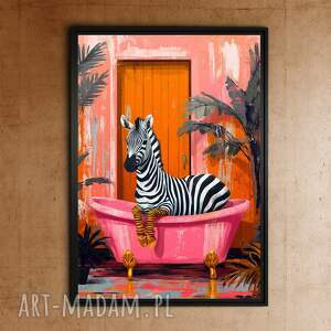 zebra w różowej wannie - grafika na plakacie A3, plakat A3 do łazienki