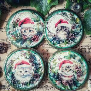Świąteczne podkładki decoupage z kotkami Shabby Chic - komplet 4 szt.