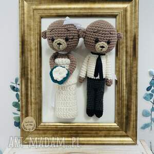 Młoda para misie w złotej ramce - prezent ślubny handmade