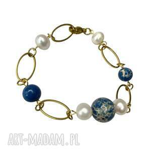 pozłacana bransoletka z jaspisami w otoczeniu pereł c1348