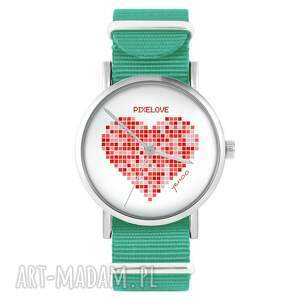 zegarki zegarek - serce pikselowe turkusowy, nylonowy miłość niej