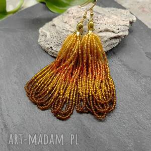 kolczyki boho frędzle w złocie koralików, koraliki złote drobne