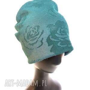 handmade czapki czapka turkus faktura materiałowa w kwiaty, rozmiar uniwersalny