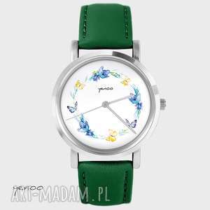 handmade zegarki zegarek wianek, motyle skórzany, zielony