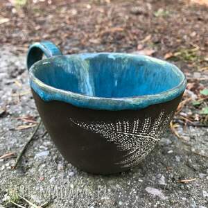 handmade ceramika leśny zestaw - kubek i talerzyk z paprocią