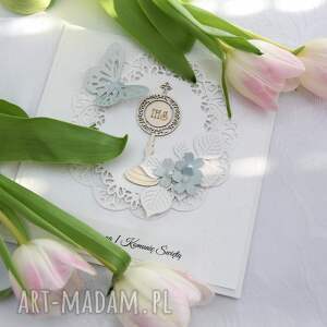 Ażurowa hostia perłowy niebieski, komunia zaproszenia