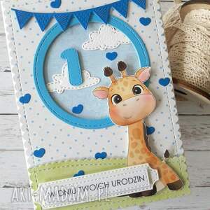 kartka na roczek z żyrafą dla chłopczyka scrapbooking kartki