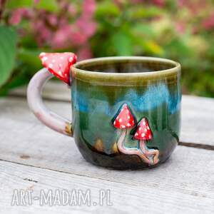ręcznie zrobione ceramika handmade kubek z muchomorkiem | zielone poszycie | ok 420 ml