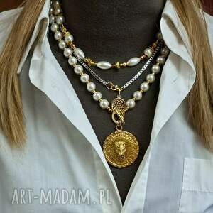 perły i medalion z lwem w naszyjniku może na ślub 3w1 kupujesz 1